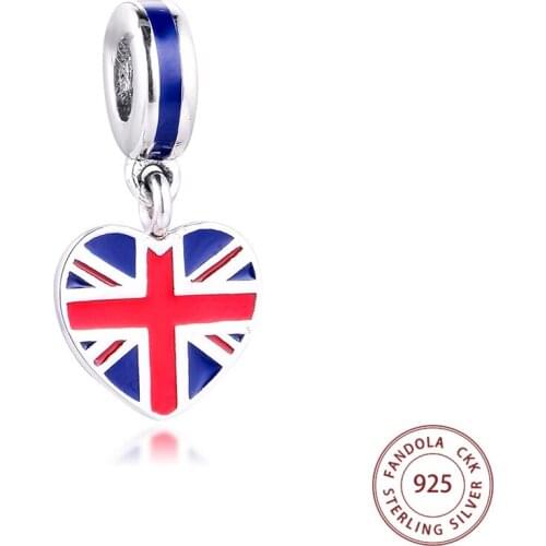 100% 925 Sterling Silver Britain Heart Flag Beads for Jewelry Making Fits Women Charms Silver 925 Original Bracelet Argent