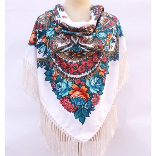 135*135cm Women Russian New Style Big Square Scarf Blanket Fringed Shawl Retro Floral Printed Scarves Babushka Hijab Head Wraps