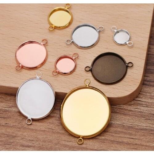 200pcs Copper plated 10-12-14-16-18-20-25mm double hole tray jewelry bezel blank pendant base cabochon settings