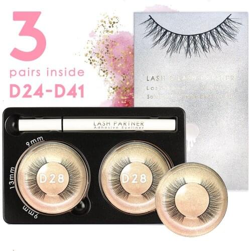 3 Pairs D01-D41 Poptone Reusable Eyelashes Clear Adhesive Eyeliner Natural Look Lash Kit No Glue Needed Magic Adhesive Liner Pen
