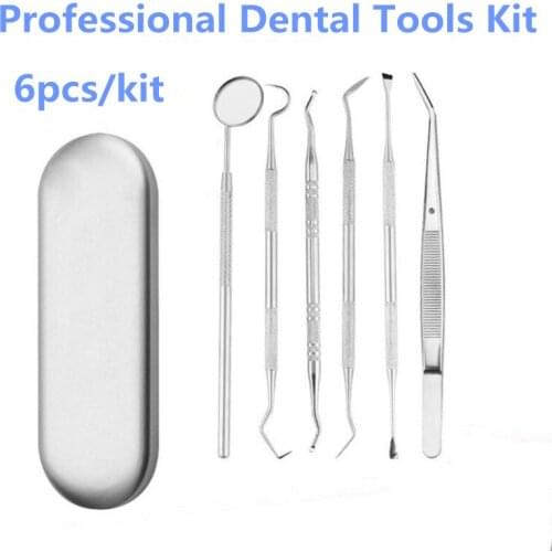 6pcs Professional Dental Tools Kit Teeth Cleaning Oral Care Set Tooth Pick Dental Mirror Tartar Scraper Probe Scaler Tweezer