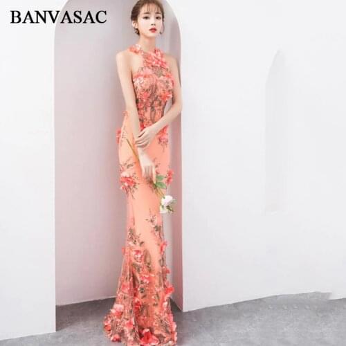 BANVASAC 2020 Halter Lace Flowers Appliques Mermaid Long Evening Dresses Off The Shoulder Backless Party Prom Gowns