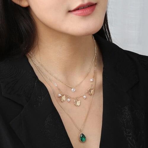 Fashion Gold Silver Color Butterfly Pendant Necklaces Multilayer Rhinestone Natural Stone Pearl Clavicle Choker Valentine Gifts