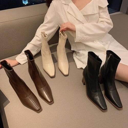 Fashion Women Ankle Boots Pointed Toe Black Brown Beige Short Booties Square High Heels Party Winter Boots Ladies Side Zip Botas