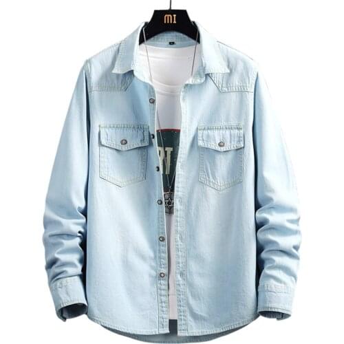 Mens Casual Classic Long Sleeve Denim Shirt Turn Down Collar Washed Jean Blouse Top Light Dark Blue