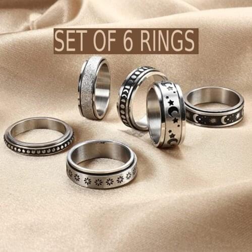 SET OF 6 -STAINLESS STEEL Sun & Moon Ring, Sun Band - Moon Ring -Stress Relieving Meditation Jewelry, Spinner, Anxiety Ring