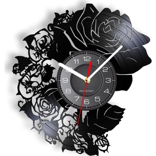 Rose Flower Botanical Art Vinyl Record Wall Clock Living Room Decor Floral Carved Vinyl Record Crafts Wall Clock Retro Watch