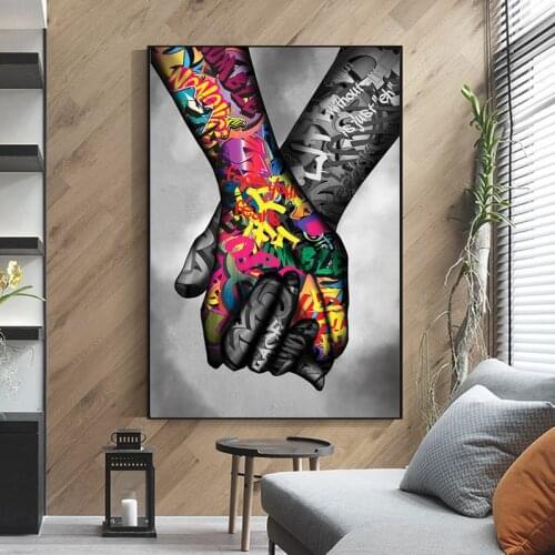 Pop Graffiti Art Holding Hands Victory Oil Painting on Canvas Wall Art Posters Prints Wall Pictures for Living Room Home Cuadros