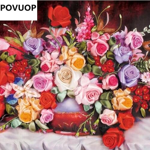 POVUOP Ribbon embroidery 95X52CM rose print 3d cross stitch paintings