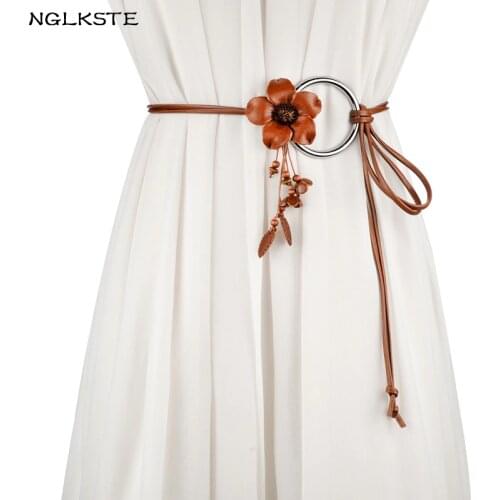Womens belts metal round buttons PU retro flowers decorative knots belt dresses ladies woven belts Ms. clothing Cummerbunds