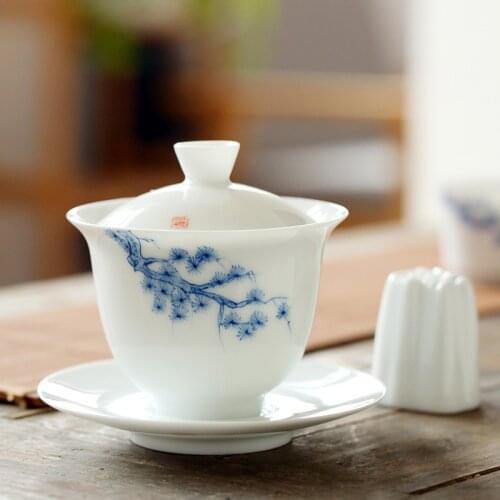 Hand-Painted Ceramic Whiteware Three-Force Cover Bowl Large Kung Fu Three-Force Bowl Handmade Ceramic Tea Cup Tea Bowl Gaiwan