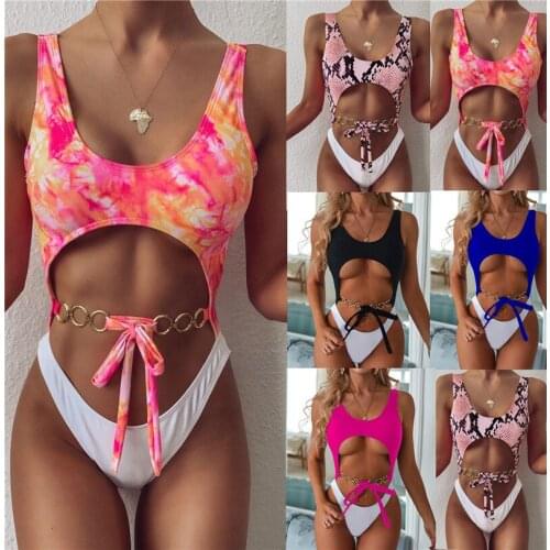 Sexy One Piece Swimsuit Chain Bodysuit Cutout Patchwork Swimwear Women Monokini Bow-knot Bathing Suit Snake Print Bikini 2020
