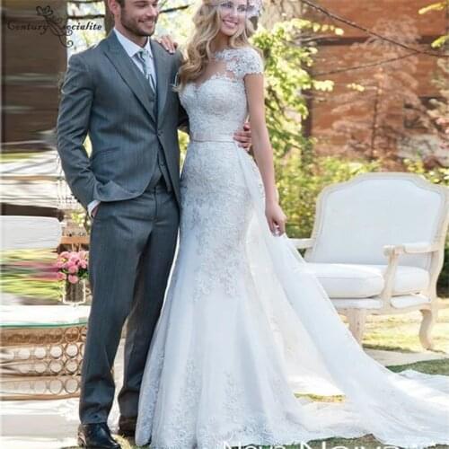 Elegant Mermaid Wedding Dresses with Detachable Train Lace Bridal Dress for Women 2020 Short Sleeve Button Vestido De Noiva