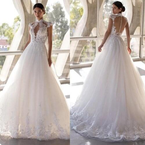 Tulle A Line Wedding Dresses 2021 High-Neck Cap Sleeve White Ivory Applique Bridal Gown Custom Made Wedding Gowns Backless
