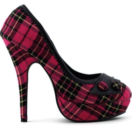 LF30441 Hot Pink/Red Checkered Buttons Platform Stiletto Party Pumps