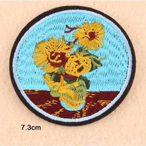 Sunflower Sad Dog Oil Painting The Starry Night Iron On Embroidered Clothes Patches For Clothing Stickers Garment Wholesale