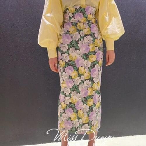 2021 summer vintage flower printed pencil skirt women high waist package hip mid calf skirt