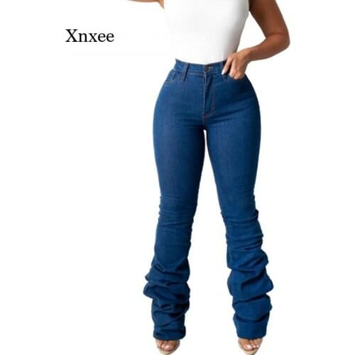 2021 Autumn and Winter Womens Street Solid Color Jeans Fashion Tight Pocket Trousers Denim Blue High Waist Pants
