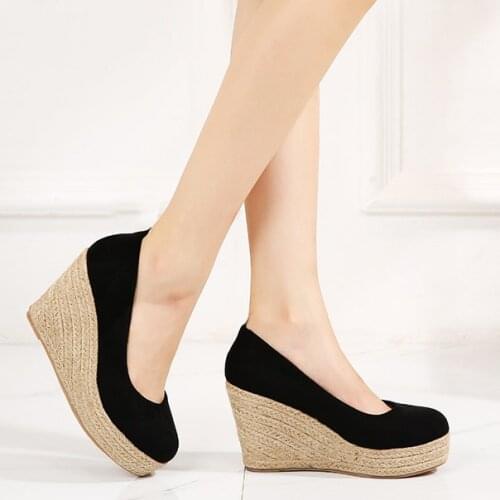 LIHUAMAO Suede Women Wedges Shoes round toe platform espadrilles heel Pumps slip on Leisure party wedding office career shoes