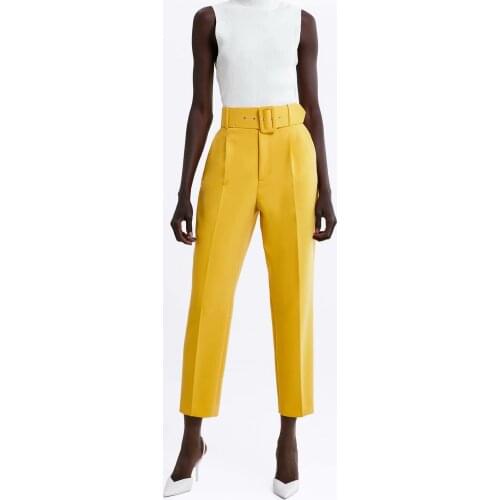 Women Suit Pants High Waist Pants Sashes Pockets Office Ladies Pants Fashion Middle Aged Pink Yellow Pants