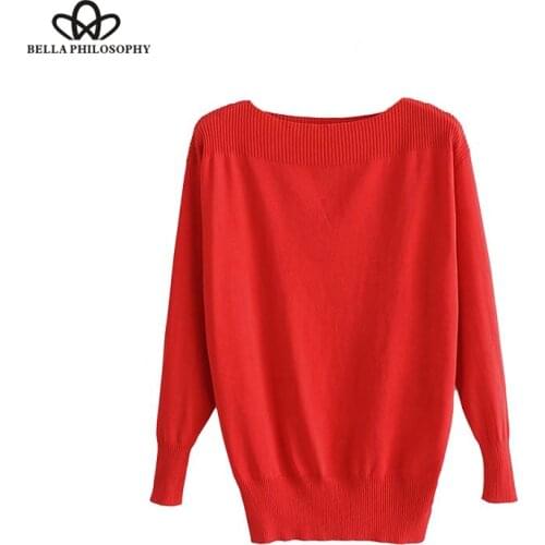 Bella Philosophy women slash neck basic knitted sweaters off shoulder stretchy candy colors pullovers female loose casual tops