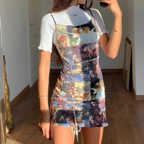 Womens Art Style Angel Print Drawstring Suspender Dress Summer Shirring Spaghetti Strap Dress Casual Mini Dresses Party Outfits