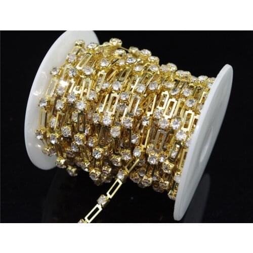 1 yard 4mm Clear Crystal Rhinestone Gold Chain Sewing On Trims Applique LZ56
