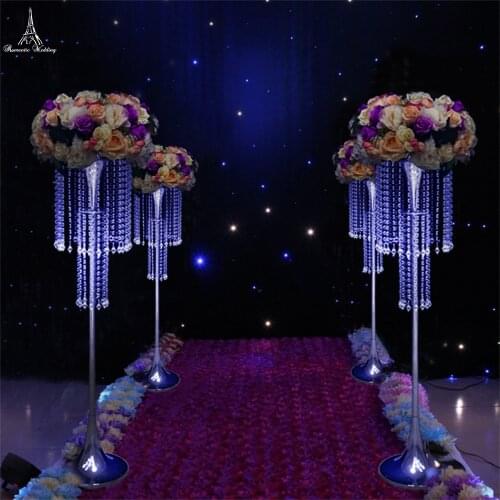 10pcs/a lot 47inches Tall Silver Metal Flower Stand with Acrylic Beads for Wedding Decoration