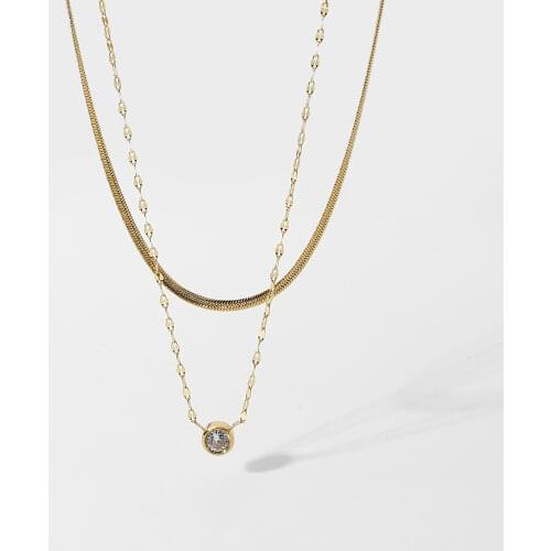 14K Gold Plated Stainless Steel Double Layer Snake Chain Necklace For Women Mini Round Crystal Rhinestone Pendant Necklace