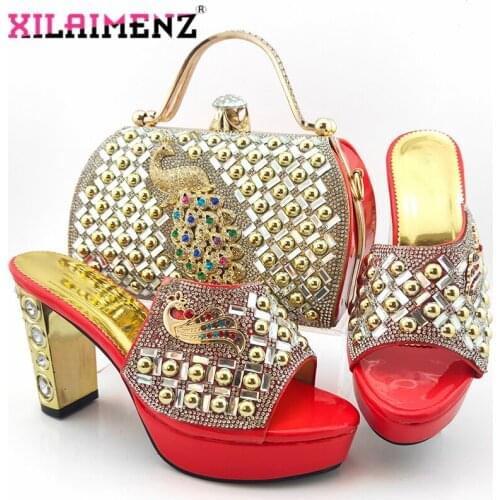 2020 Elegant Women Shoes and Bag to Match in Golden Color Italian Lady Shoes and Bag Decorate with Rhinestone for Wedding