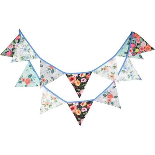 3.2m 12 Flags Blue Edge Rope Multi-color Retro Flowers Print Cotton Banner Pennant Garland Birthday Bunting Wedding Party Decor