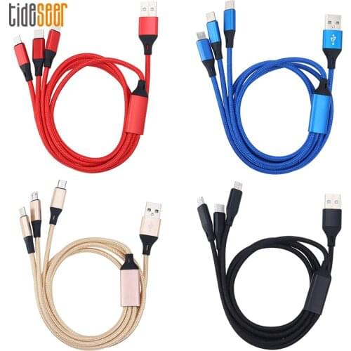 3 in 1 Nylon Braided Charging Cable Micro USB Type C 8 Pin for iPhone Samsung Xiaomi Android Phone Charger Cord 1.2m 100pcs