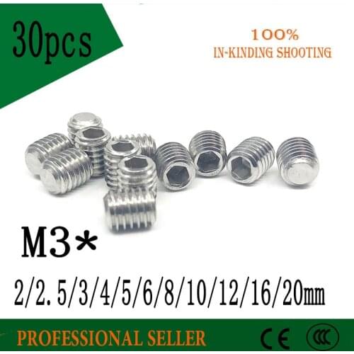30PCS M3*2/2.5/3/4/5/6/8/10/12/16/20mm 304 Stainless Steel DIN913 Thread Grub Flat Point Hexagon Socket Set Headless Screw