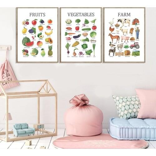 Watercolor Educational Vegetables Fruit Farm Chart Posters Learning Preschool Wall Art Canvas Paiting Pictures For Nusery Decor
