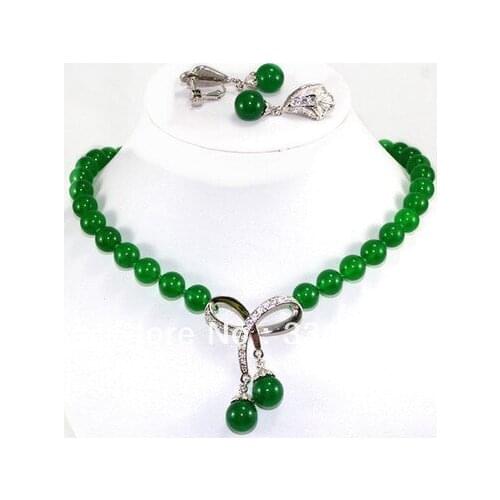 Noblest 10mm green Quartzite stone wedding necklace 18" pendant earring set