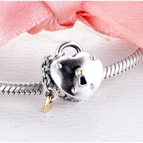 CKK Winter 14K Real Gold Heart and Lock Charms 925 Original Fit Pandora Bracelets Sterling Silver Beads for Jewelry Making DIY
