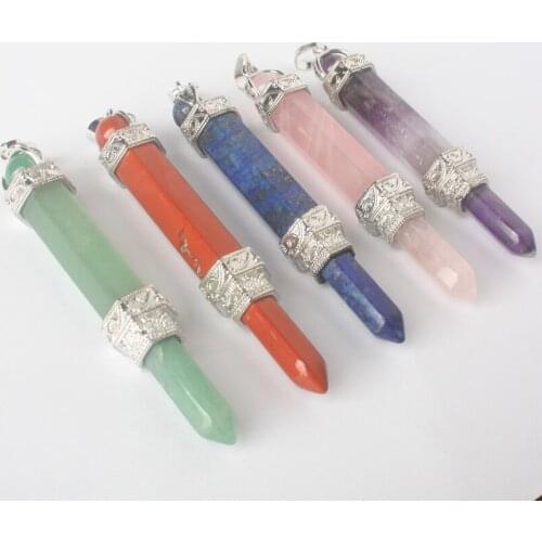 Exotic Natural Lapis Amethysts Aventurine Rose Crystal Quartz Hexagon Pillar Amulet Cameo Pendant 1 PCS