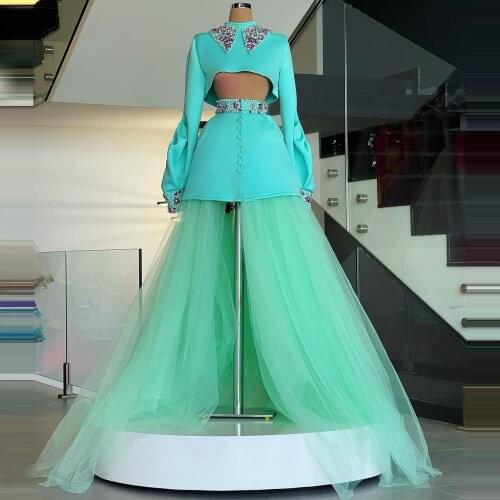 Elegant Two Pieces Prom Party Dresses Crystals Long Puffy Sleeves Long Evening Gowns Hi Low With Tulle Extra Puffy