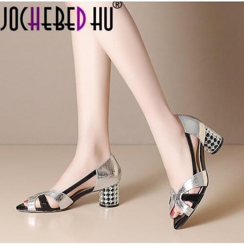 【JOCHEBED HU】 2021 women sandals cow leather pointed toe silver color crystal heel buckle strap high heels beaches sandals size