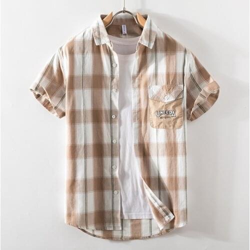 D9832 Summer Men Plaid Shirt Khaki Fresh Classic Cotton Japan Style Harajuku Loose Soft Short Sleeve Pockets Male Blouses Tops