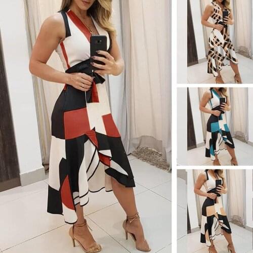 Sexy Summer V Neck Belted Sleeveles Women Midi Dress 2021 Casual Fashion Style Geometry Printed Irregular Office Ladies Dresses