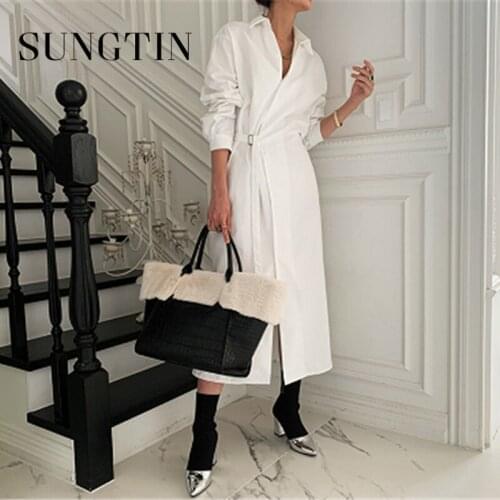 Sngtin White Asymmetrical Lace Long Shirt Dresses for Women Vintage Empire Long Sleeve Office Lady Dress Fashion Elegant Vestido