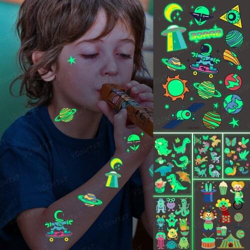 Luminous Glitter Tattoo Stickers Space Universe Children Temporary Waterproof Alien Tatto Body Art Cute Kid Cartoon Fake Tatoo