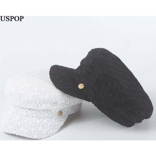 USPOP women hats white black lace newsboy caps fashion lace visor caps flat hats solid color military cap
