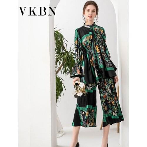 VKBN Summer Two Piece Set Top and Pants Plus Size Elastic Wais Flare Sleeve Floral Print Trousers Sweat Suits Women Folds