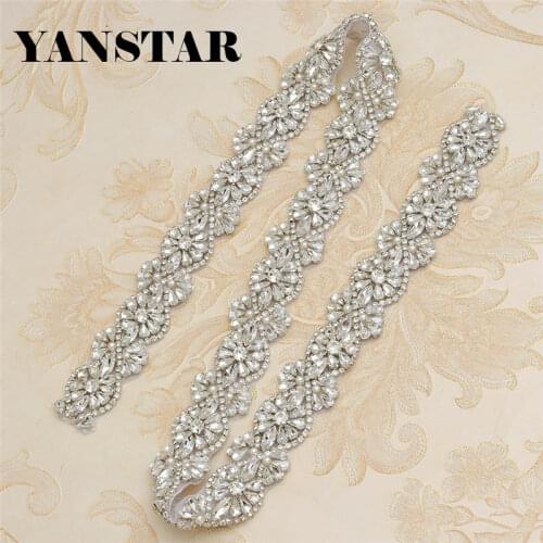 YANSTAR Wholesale 3CM*10Yards Rhinestones Trim Iron On Wedding Dresses Belt Rhinetones With Beads Crystal On Bridal Sash YS875