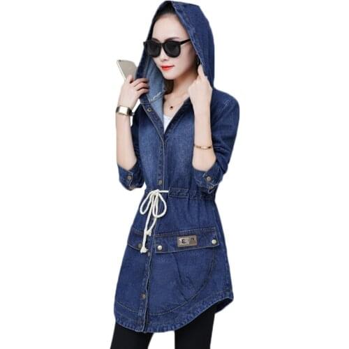 Spring Womens Basic Jackets 2021 Autumn New Hooded Denim Jackets Womens Casual Loose Jeans Jacket Female Long Denim Jacket Coat