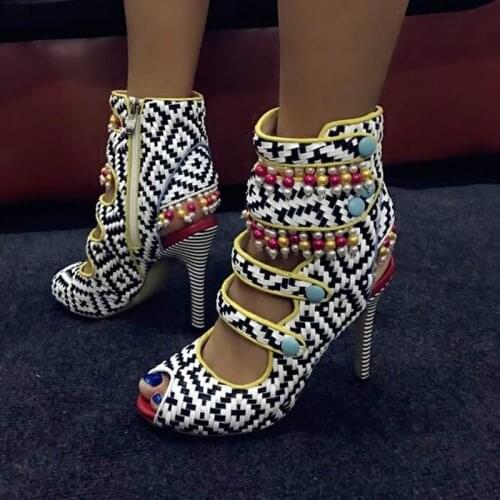 Retro Summer Mixed Color Braided Women Sandal Boots String Bead Pearl Decor Peep Toe Boots Hollow Out Thin High Heels Shoes