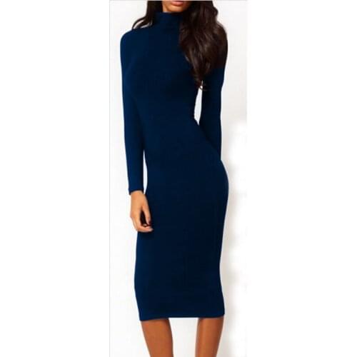 New Fashion Winter Autumn Elegant Turtleneck Full Sleeve Mid-calf Stretch Slim Temperament Pinup Party Pencil Women Dresses
