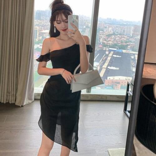 2020 Summer Black One-Shoulder Sheath Dresses Women Wrap Bodycon Asymmetrical Midi Dress Women Vestidos Elegant Club Party Dress